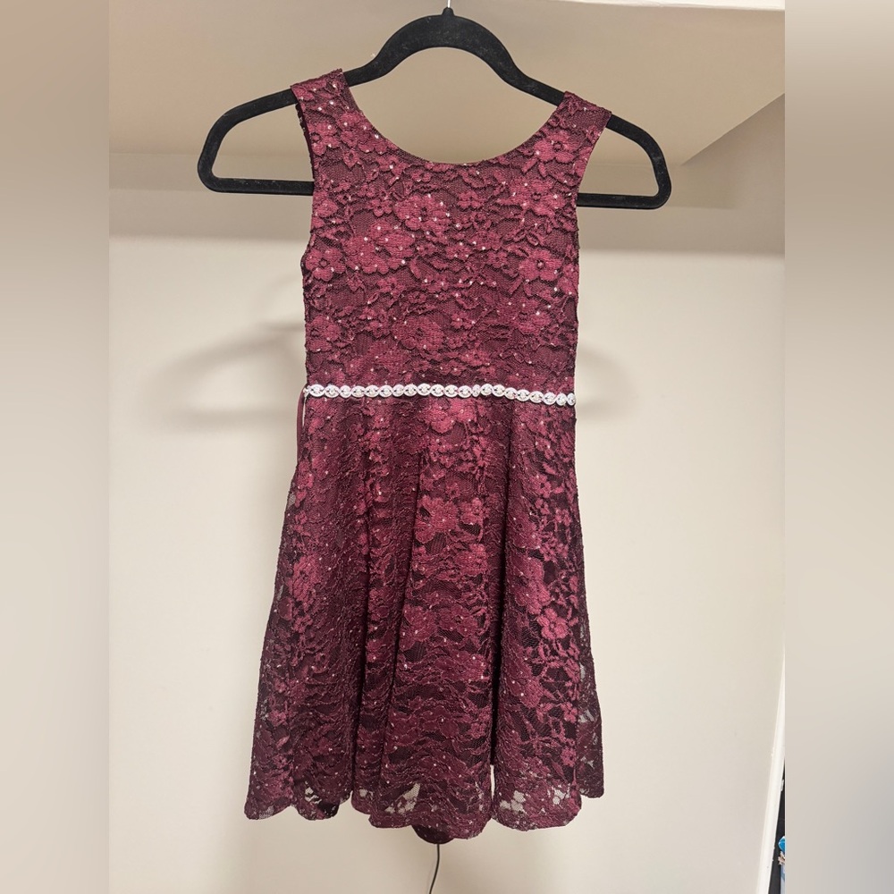 Speechless Burgundy Lace Kids Dress with diamond  Accent